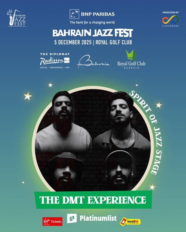 Bahrain’s homegrown nujazz crew, The DMT Experience { @the.dmt.experience}  drop their debut at the 9th BNP Paribas Bahrain Jazz Fest, bringing an ethereal sound unlike any other. Jazz interlaced with trip hop and Bahraini rhythms 🇧🇭 The sons of Dilmun. Live. December 5. Royal Golf Club.

5 days to go for early Bird tickets, BUY NOW on Platinumlist, Virgin Megastore Tickets & LocalBH Tickets:
☑️ BHD 9.5 – Single Ticket (Ages 7–14)
☑️ BHD 18.5 – Single Ticket (Ages 15+)
☑️ Kids 6 and under – FREE
☑️ BHD 130 – Jazz Garden Lounge (18+)
☑️ Festival Travel Packages starting from USD 260 per person onwards

#BahrainJazzFest #Bahrain #Jazz #JazzFestival #JazzMusic #BNPParibas #nuJazz  #BahrainEvents #TheDMTExperience #BahrainMusic 

[ Bahrain Jazz Fest 2025, live jazz in Bahrain, international jazz festival, Bahrain concerts, blues and funk, jazz fusion artists, Bahraini talent spotlight, family friendly festival, community music festival, Cuban jazz, BNP Paribas Bahrain, Royal Golf Club Bahrain ]