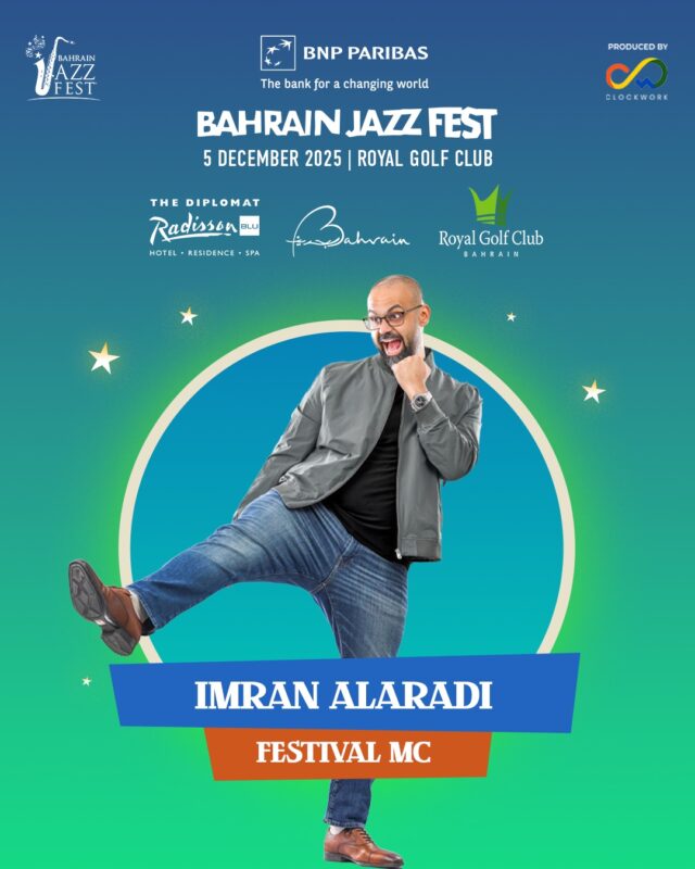 He’s sharp, he’s quick, he’s jazzed 😄 Imran Al Aradi is your festival MC this year 🎟 4 days to go for the 9th BNP Paribas Bahrain Jazz Fest. Tickets in bio.
@imrancomedy 

@bnpparibas  @fondationbnpp  @clockworkbh  @tourismbh  @calendar.bh  @theroyalgolfclub  @diplomatradissonblu 

#bahrainjazzfest #bahrain #jazz #jazzfest #jazzfestival #bahrain🇧🇭 #blues #funk #bnpparibas #jazzmusic #bahrainevents #bahrainmusic #bahraininstagram